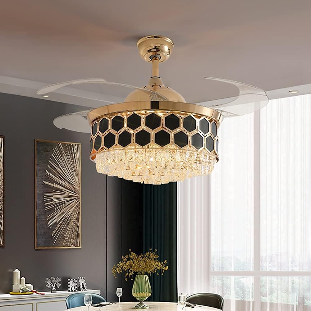 Fandelier Crystal Ceiling Fan Lights with Remote, Modern 42 Hidden Retractable Chandelier with 3 Colors 3 Speed Fan Chandelier Lighting for Bedroom Dining Living Room (Gold+Black)(DS-FH03)