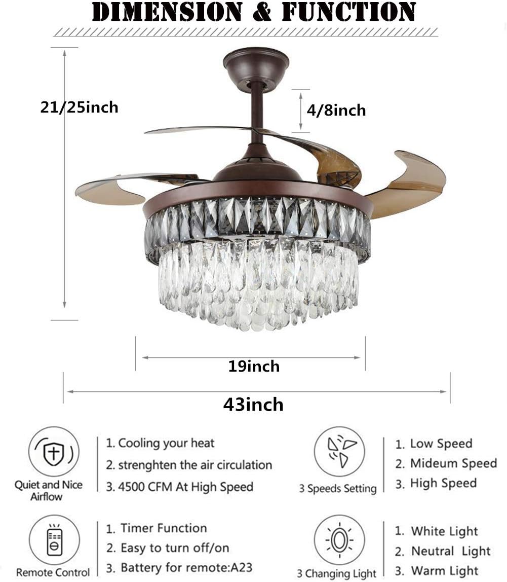 Fandian 42' Modern Crystal Ceiling Fan with Lights Remote Control Brown Chandelier Fixtures, Luxury Retractable Baldes Fandelier, 3 Color Lighting for Dining Room, Living Room