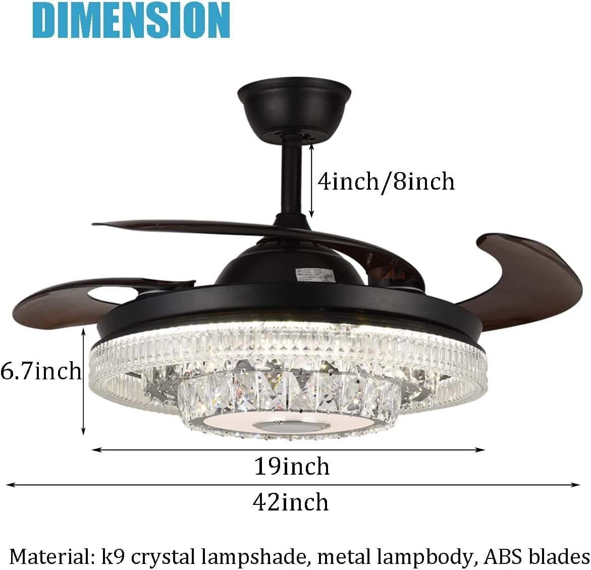 42' Modern Chandelier Ceiling Fan with Lights Reversible Blades, Fandelier with Bluetooth Speaker 7 Dimmable Colors 6 Speeds, Crystal Retractable Ceiling Fan with Remote Control Silent Motor
