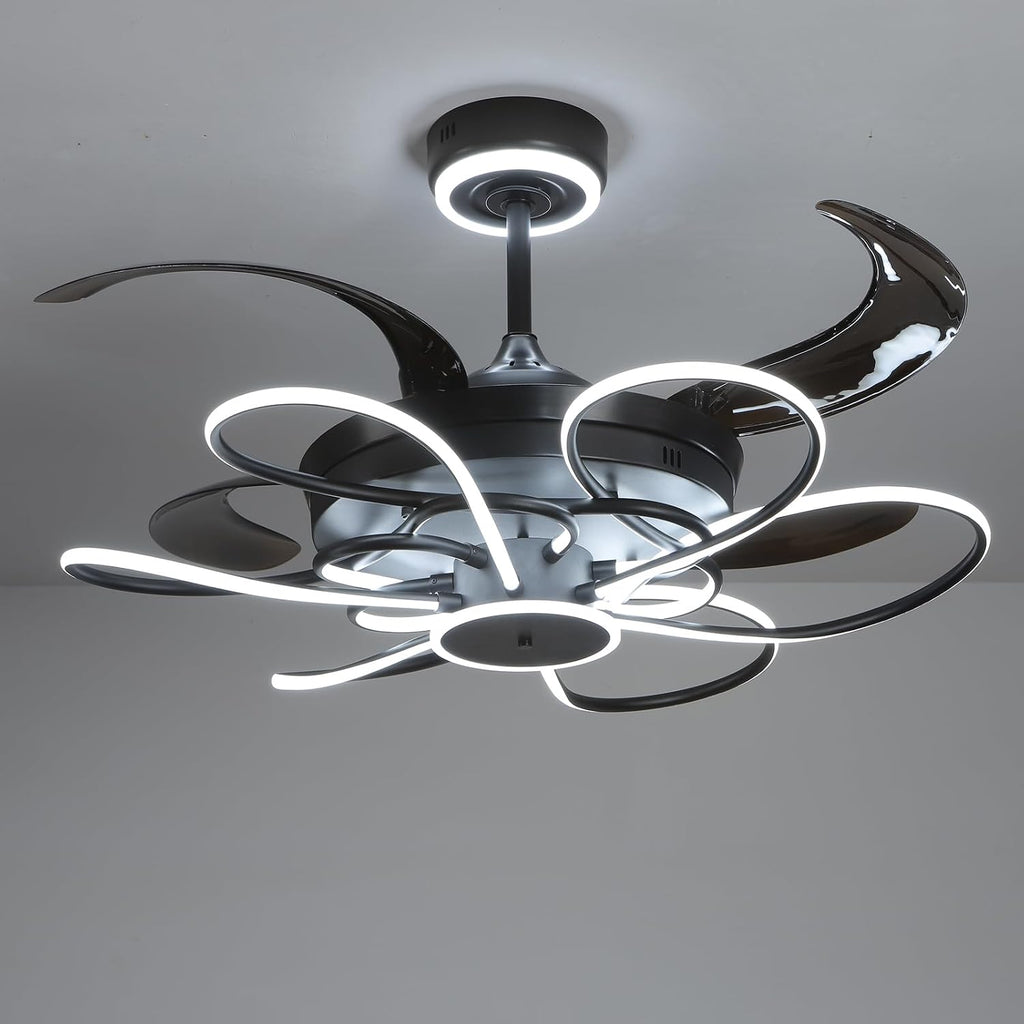 48 Inch Retractable Fandelier Ceiling Fan Chandelier with Lights and Remote for Bedroom Indoor Decoration, 3 Color Changeable, Dimmable with App, Timer Setting, Black