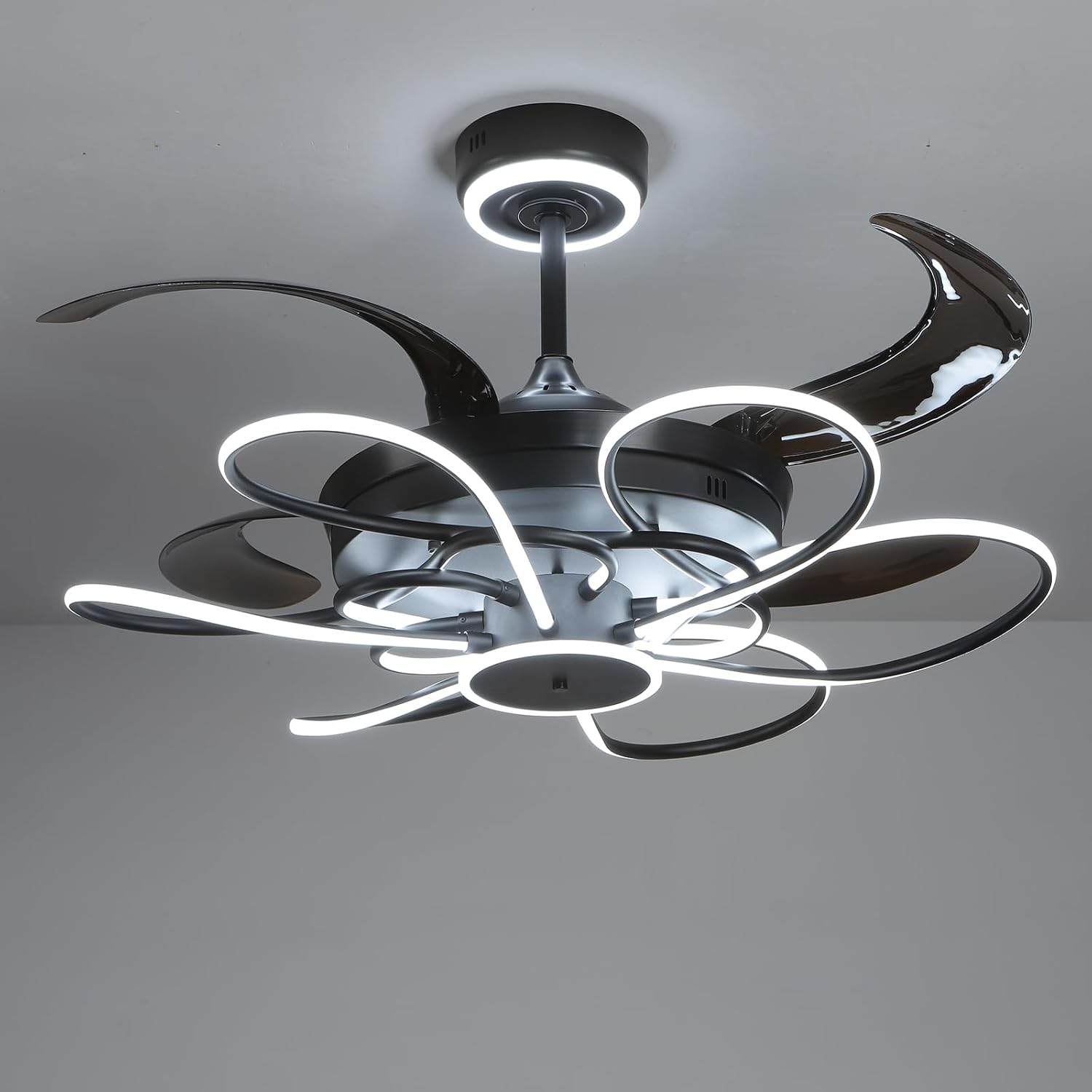 48 Inch Retractable Fandelier Ceiling Fan Chandelier with Lights and Remote for Bedroom Indoor Decoration, 3 Color Changeable, Dimmable with App, Timer Setting, Black