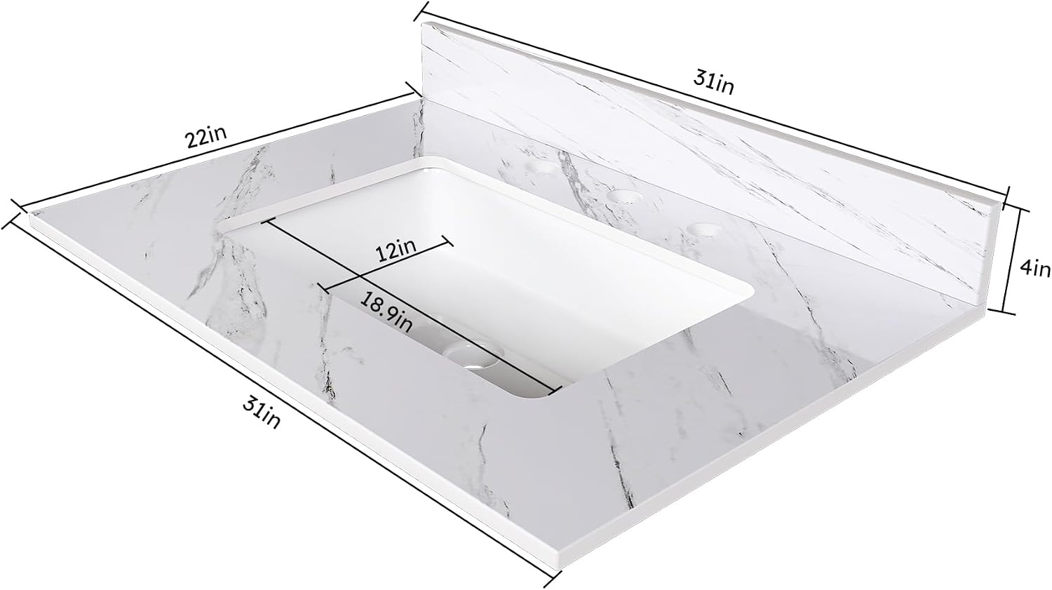 43x22 Marble Bathroom Vanity Top with Sink, Vanity Top with Sink with Pre-drilled Holes and 4' Backsplash, Perfect for Home & Rental Properties