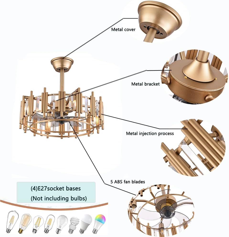 20' Champagne Gold Ceiling Fan with LED Light Remote control, 3-Speed Quiet Enclosed Fandelier Gold Caged Crystal Ceiling Fan Downrod Mount Industrial Metal Chandelier Fan 7 Invisible Blades