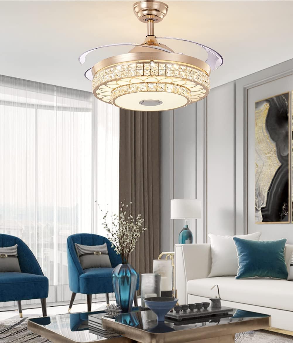 Fandian 42' Modern Smart Crystal Ceiling Fans with Lights and Remote Control, Retractable Bluetooth Speaker Chandeliers, 3 Colors Lighting Fandelier Fixtures for Bedroom, Living Room