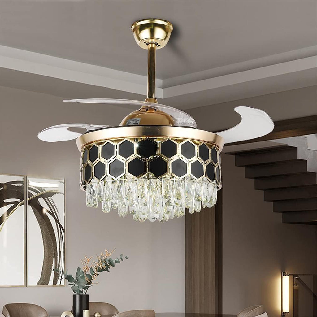 Fandelier Crystal Ceiling Fan Lights with Remote, Modern 42 Hidden Retractable Chandelier with 3 Colors 3 Speed Fan Chandelier Lighting for Bedroom Dining Living Room (Gold+Black)(DS-FH03)
