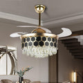 Fandelier Crystal Ceiling Fan Lights with Remote, Modern 42 Hidden Retractable Chandelier with 3 Colors 3 Speed Fan Chandelier Lighting for Bedroom Dining Living Room (Gold+Black)(DS-FH03)