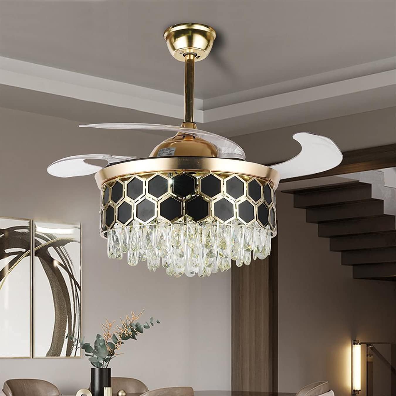 Fandelier Crystal Ceiling Fan Lights with Remote, Modern 42 Hidden Retractable Chandelier with 3 Colors 3 Speed Fan Chandelier Lighting for Bedroom Dining Living Room (Gold+Black)(DS-FH03)