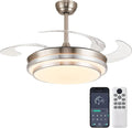 48 Inch Retractable Ceiling Fans with Lights, Modern Fandelier Ceiling Fan with Remote and App Control, 3 Color Dimmable, 6 Speeds Reversible, for Bedroom/Living Room/Office (Brushed Nickel)