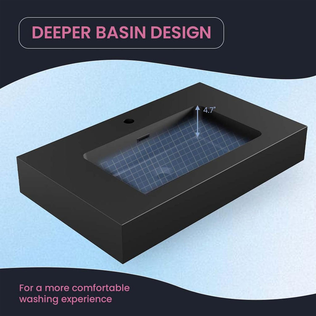 30 Inch Matte Black Vanity Sink – Solid Surface Bathroom Vanity Top with Integrated Sink, Easy-to-Clean Non-Porous Finish for Powder Room or Guest Bath