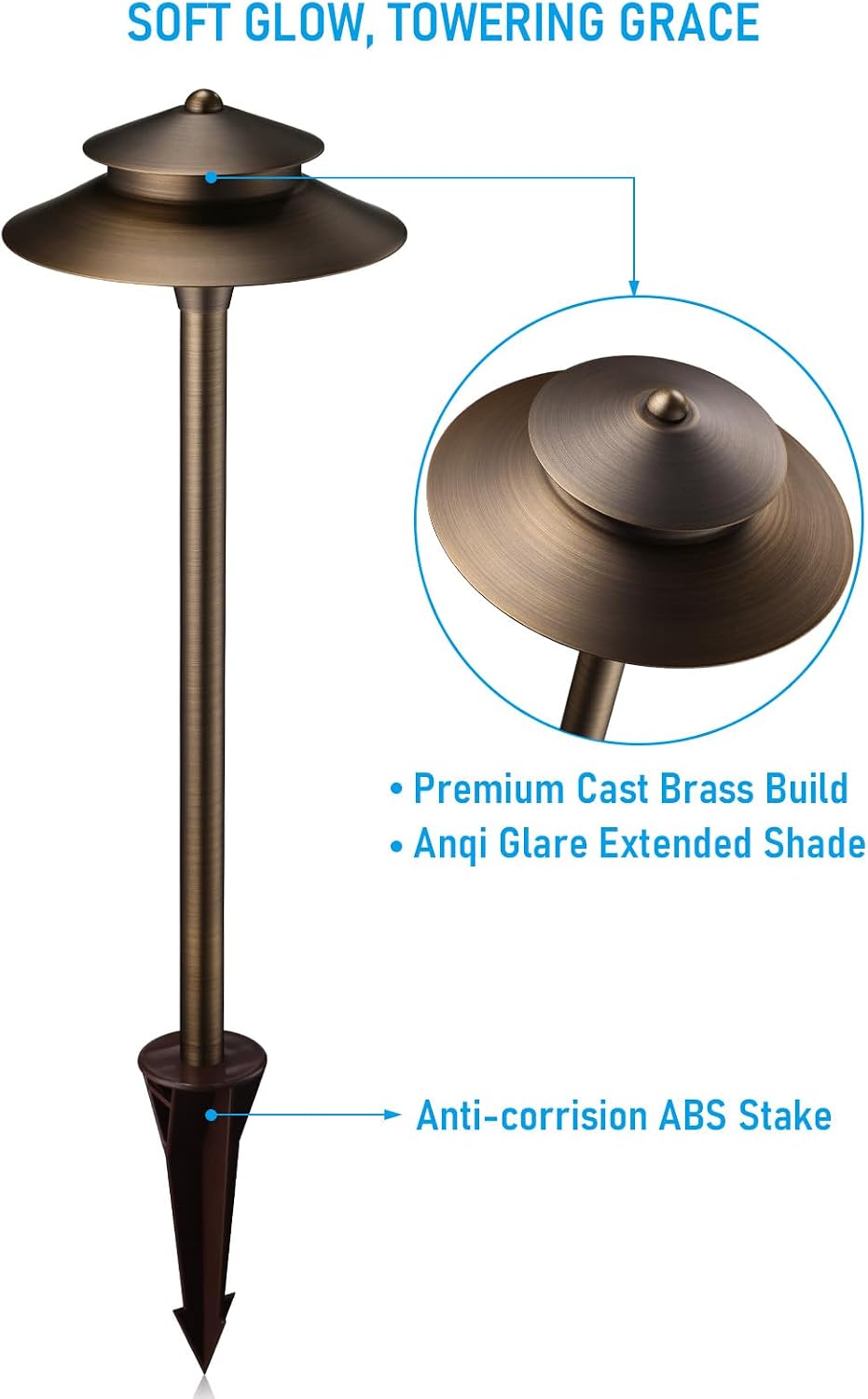 LEONLITE Stratum 12V Cast Brass 2-Tier Path Light, for Low Voltage Landscape Lighting on Pathway, Garden, Work with G4 Bulb, (Not Included), IP65, 22.44'' Tall, 8.27'' Shade, Bronze, Pack of 4