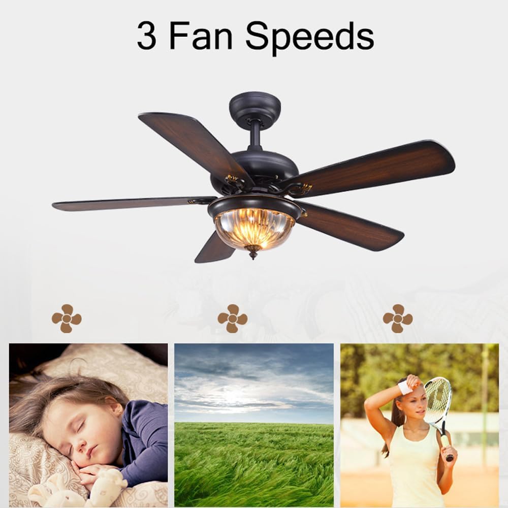 52 INCH Mid Century Modern Fandelier Ceiling Fan with Light Reversible Wood Blades Rustic Farmhouse Fan Chandelier Amber Glass Fan Light for Living Room Bedroom Dining Room Indoor