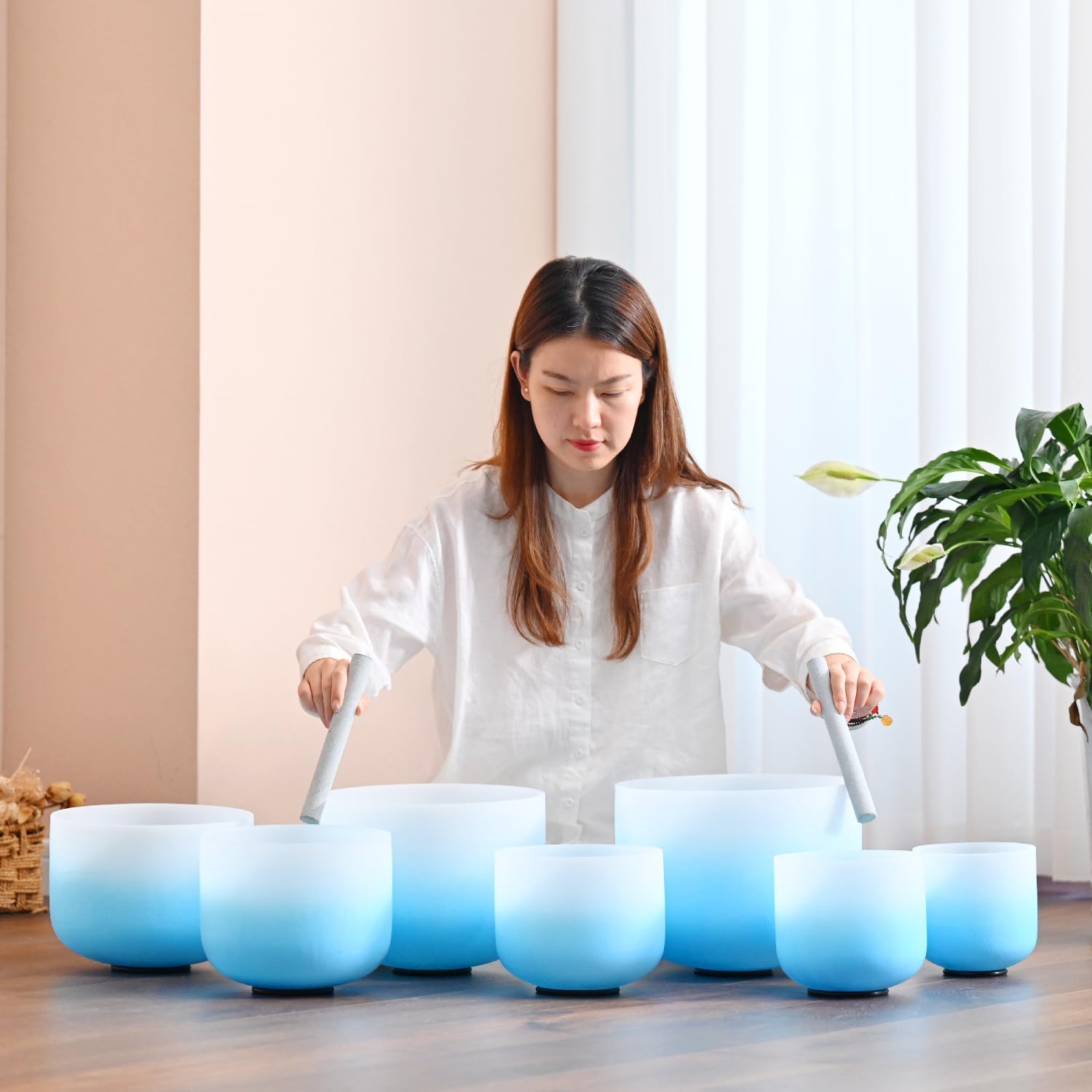 CVNC 432HZ 6-12 Inch Azure Blue Color Aria Gradient Design Frosted Quartz Crystal Singing Bowls Chakra Set of 7 with Carry Case Bags for Sound Healing and Meditation