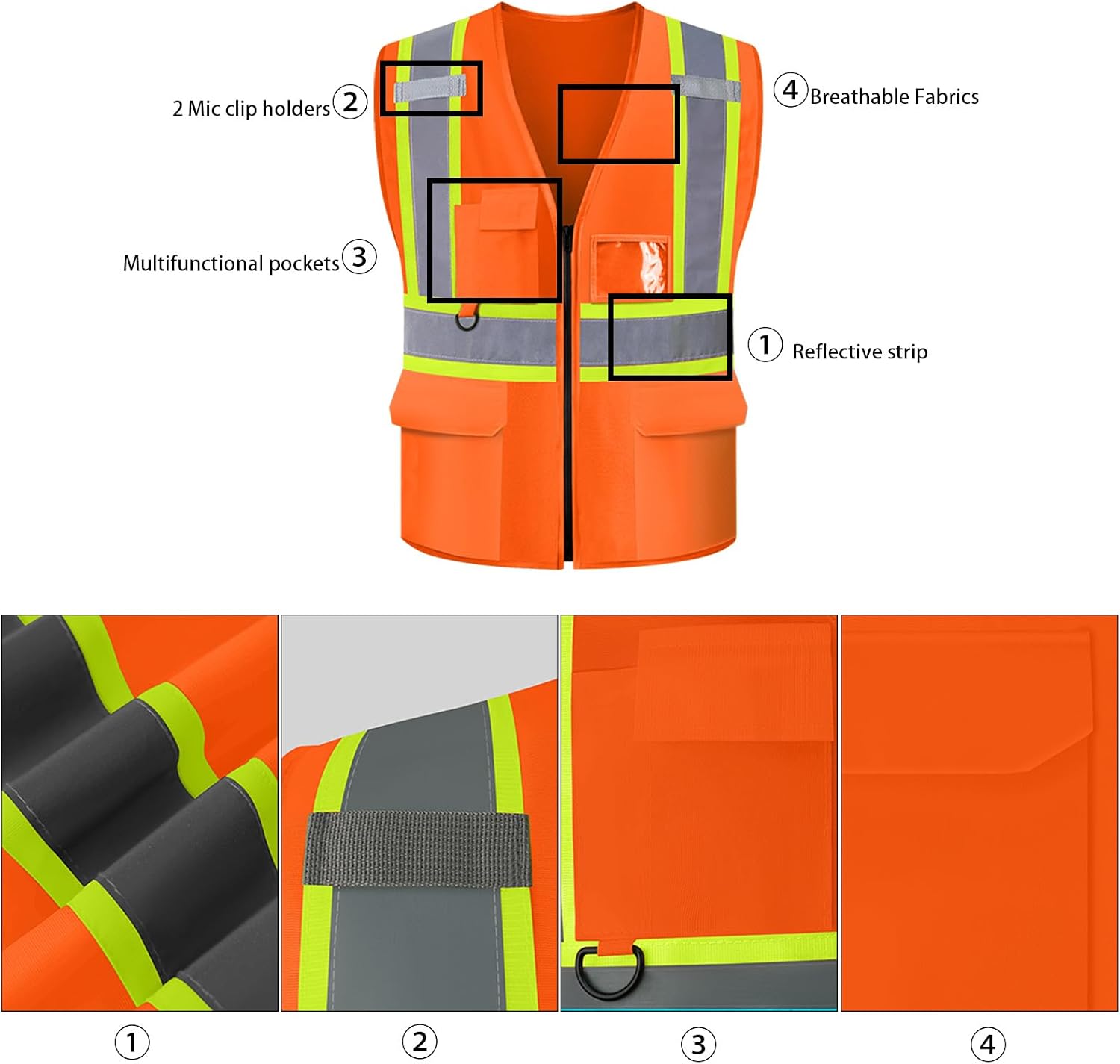 Safety Vest Custom Logo Class 2 Reflective High Visibility Vest With 5 Pockets ＆ Zipper