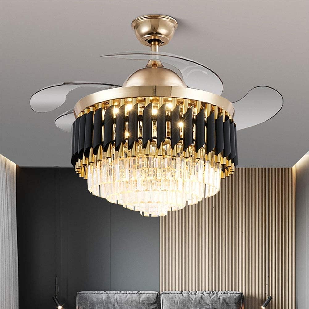 42' Crystal Fandelier Ceiling Fan Retractable Blade Ceiling Fan with Lights Modern LED Chandelier Ceiling Fan with Remote Controls, 36 Watt LED Light Strip Included, Gold+Black