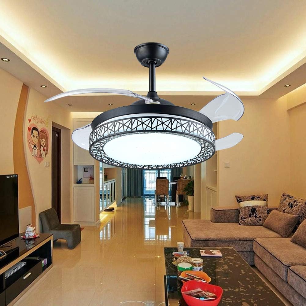 42' Ceiling Fan with Light, Modern Invisible Ceiling Fan Chandelier with Retractable Blade, Dimmable LED 3 Lighting 3 Speeds Change Ceiling Fans Lights with Remote Control (Black)