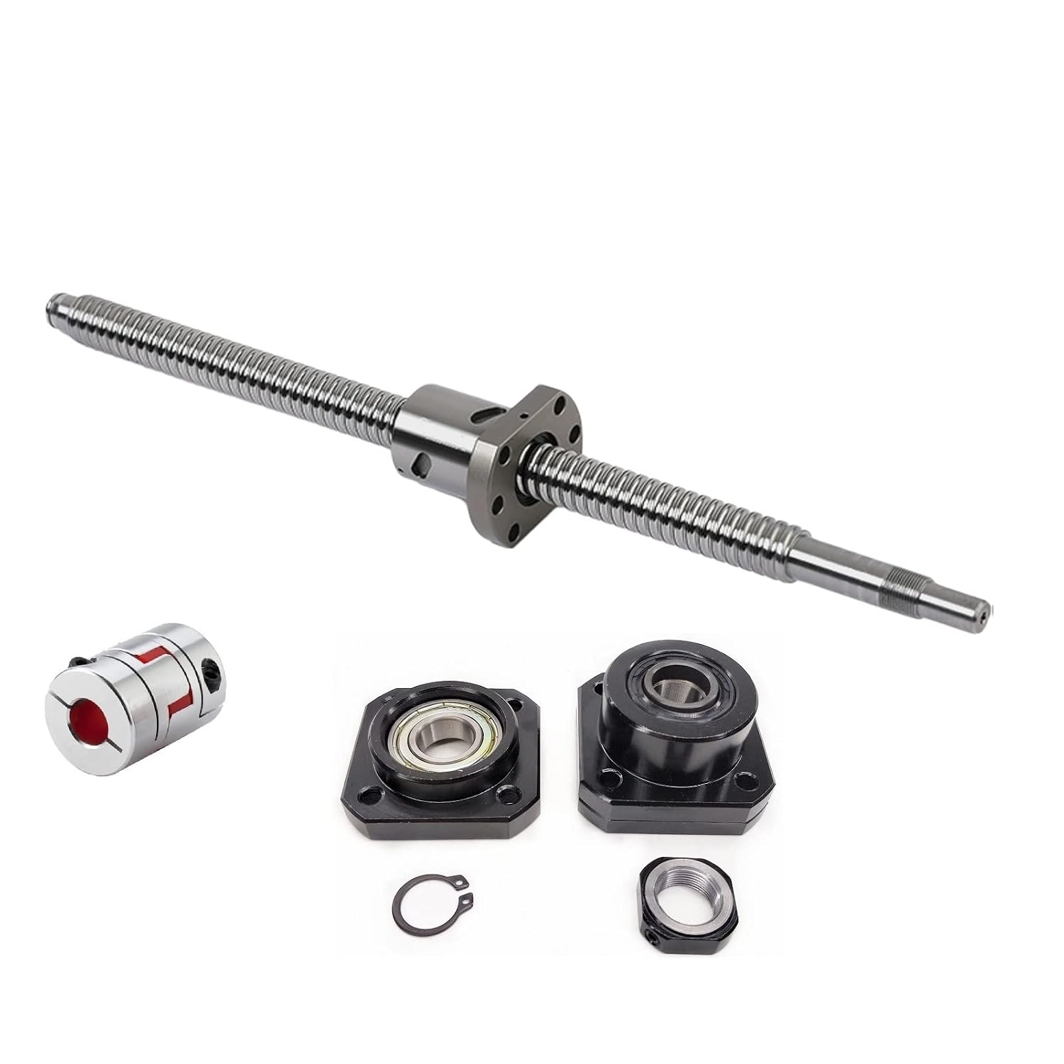 25mm Ballscrew Kit SFU2510 RM2510 Anti-Backlash Ball Screw, Length 18.9 inch / 480mm 10mm Pitch + Ball Screw Metal Nut + FK/FF15 Bearing End Supports + Coupler for CNC Machine