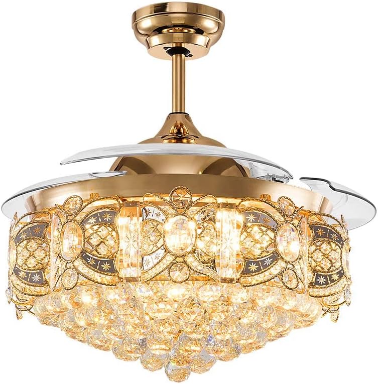 42' Modern Fandelier Crystal Ceiling Fan with Light and Remote, Luxury Gold Chandelier Ceiling Fan with Retractable Blades 3 Colors Change 3 Speeds for Living Room Bedroom