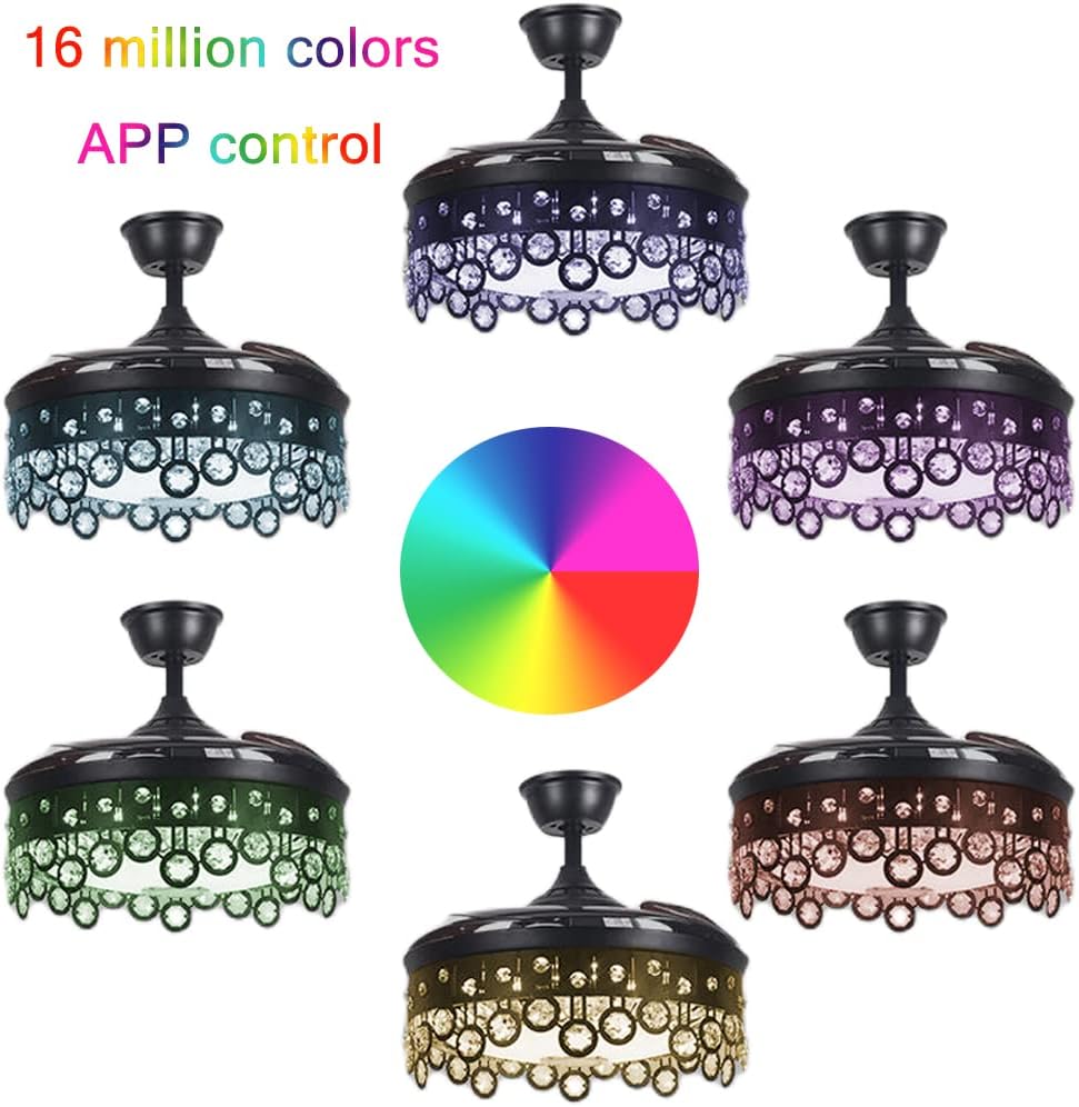 42' Chandelier Ceiling Fan with Speaker and 7 Colorful Dimmabel Light, Retractable Ceiling Fan with Remote Control 3 Speed Black Fandelier for Dining/Living Room