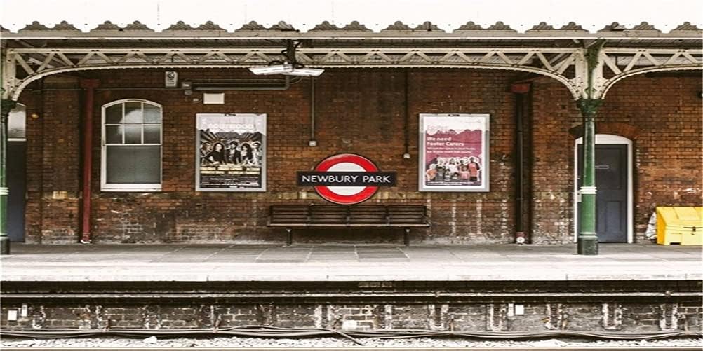 AOFOTO 20x10ft Train Station Backdrop Railway Platform Old Brick Wall Nostalgic Playbill Bench Photography Background Locomotive Track City Buildings Portrait Photoshoot Studio Props Vinyl Wallpaper