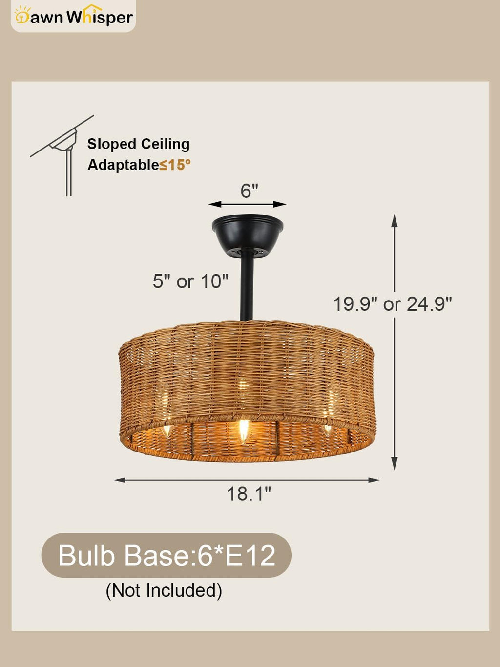 Dawn Whisper Caged Ceiling Fan with Lights, 18' Boho Ceiling Fan with Lights, Rattan Ceiling Fans with Lights, Farmhouse Ceiling Fans with Lights, Bedroom Ceiling Fans with Lights
