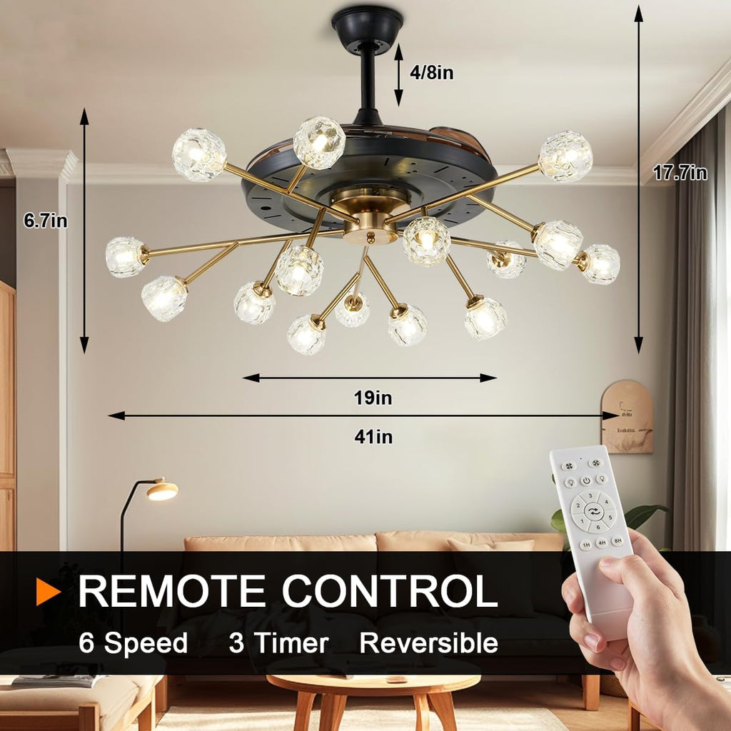 42' Modern Sputnik Fandelier Ceiling Fan with Light, 15-Light Brass Crystal Chandelier Fan with Remote Control Retractable 6 Speed Reversible Motor for Bedroom Living Dining Room