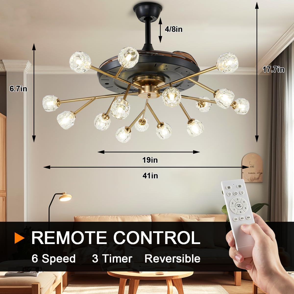 42' Modern Sputnik Fandelier Ceiling Fan with Light, 15-Light Brass Crystal Chandelier Fan with Remote Control Retractable 6 Speed Reversible Motor for Bedroom Living Dining Room