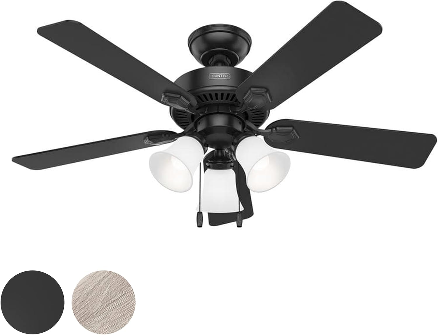 Hunter Fan 44 inch Matte Black Indoor Ceiling Fan with Light and Pull Chain for Bedroom, Living Room, Office, Basement, Kitchen, CC5C27C89 (Renewed)