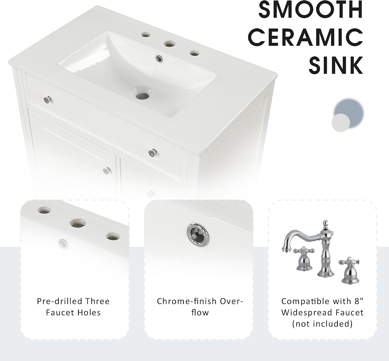 30' Bathroom Vanity Cabinet with Ceramic Sink Top Set, Two Drawers with Slides, Soft Closing Doors, Freestanding, Solid Wood Frame & MDF Board, White