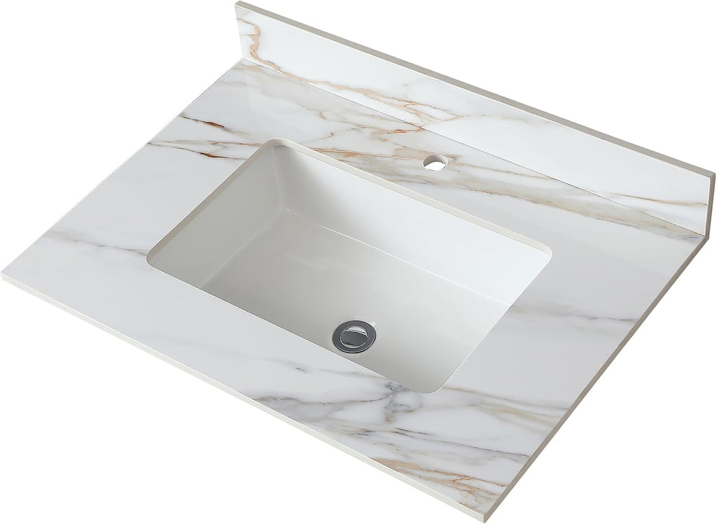 Montary 31'x 22' Vanity Top with Sink for Bathroom, Undermount Rectangular Ceramic Sink & Backsplash, Bathroom Single Bowl Vanity Top with 1 Pre-Drilled Hole