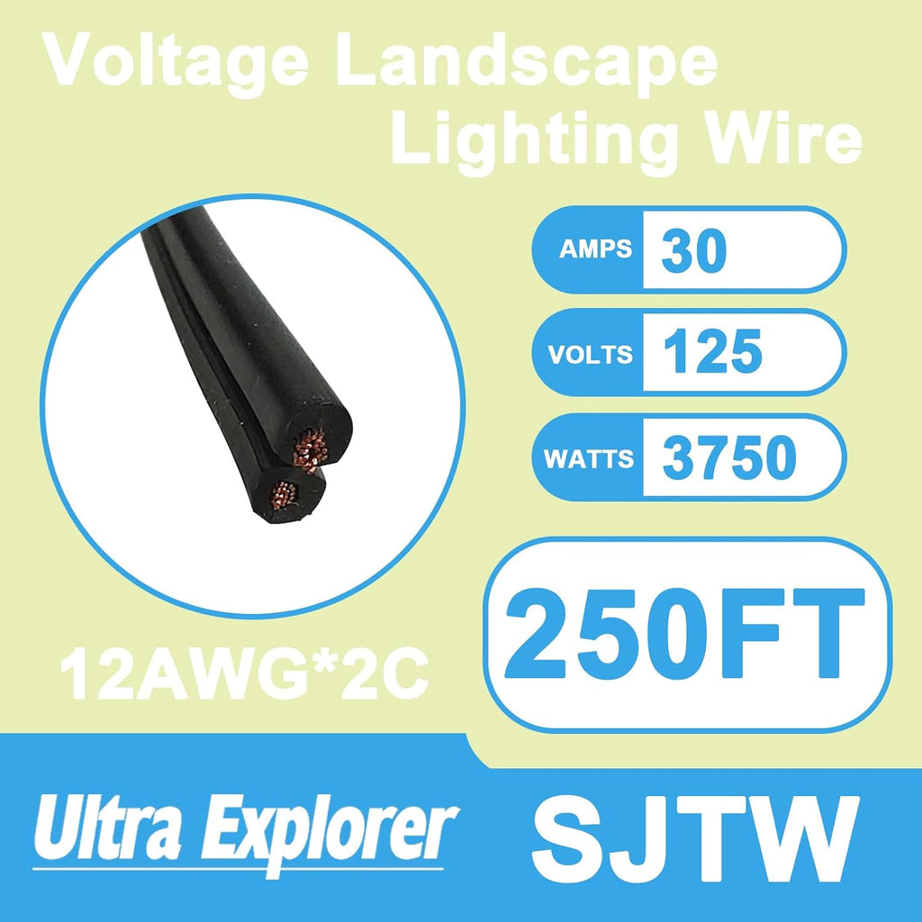 12/2 Low Voltage Landscape Lighting Wire, Outdoor Direct Burial Cable, 12 Gauge 2 Conductor, 250 Feet
