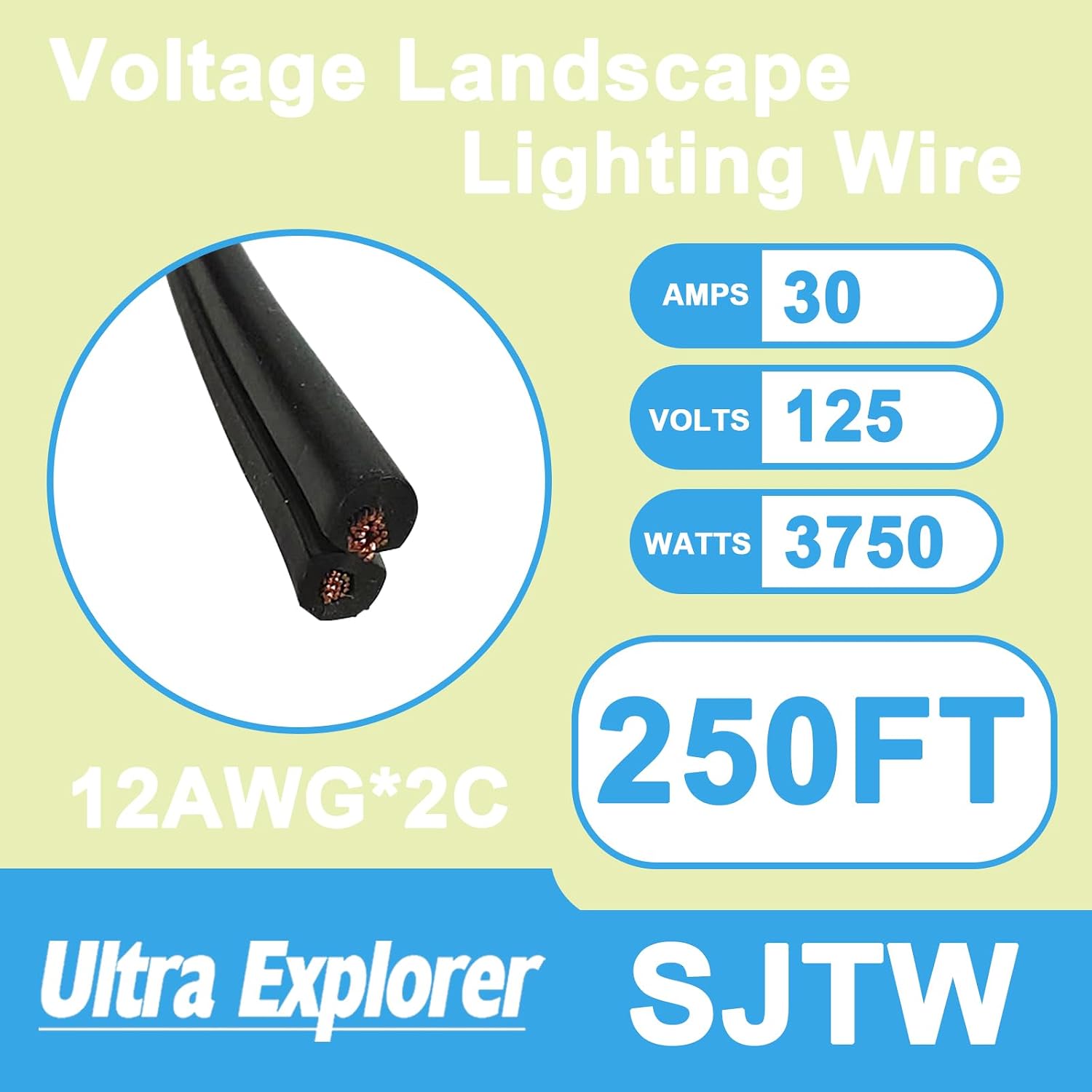 12/2 Low Voltage Landscape Lighting Wire, Outdoor Direct Burial Cable, 12 Gauge 2 Conductor, 250 Feet