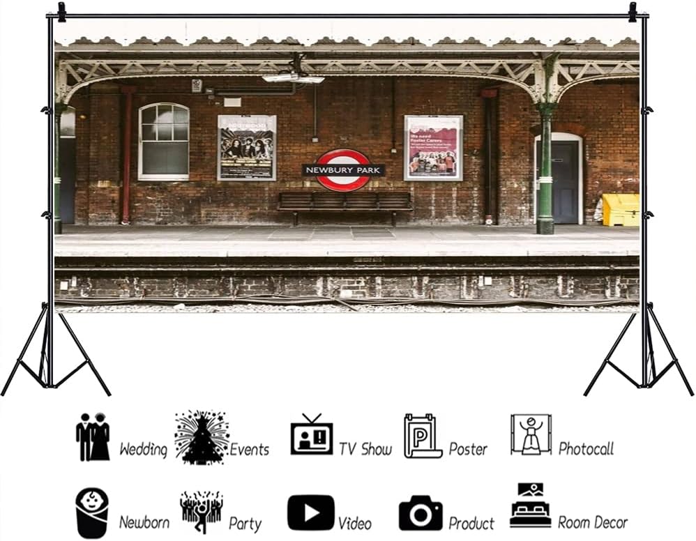 AOFOTO 20x10ft Train Station Backdrop Railway Platform Old Brick Wall Nostalgic Playbill Bench Photography Background Locomotive Track City Buildings Portrait Photoshoot Studio Props Vinyl Wallpaper