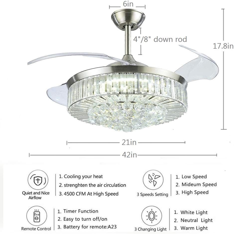 42' Crystal Fandelier Ceiling Fan with Lights,Modern Chandelier Ceiling Fan with Retractable Blades Indoor LED Lighting for Bedroom Living Room,Quiet Rustic Fan Brown