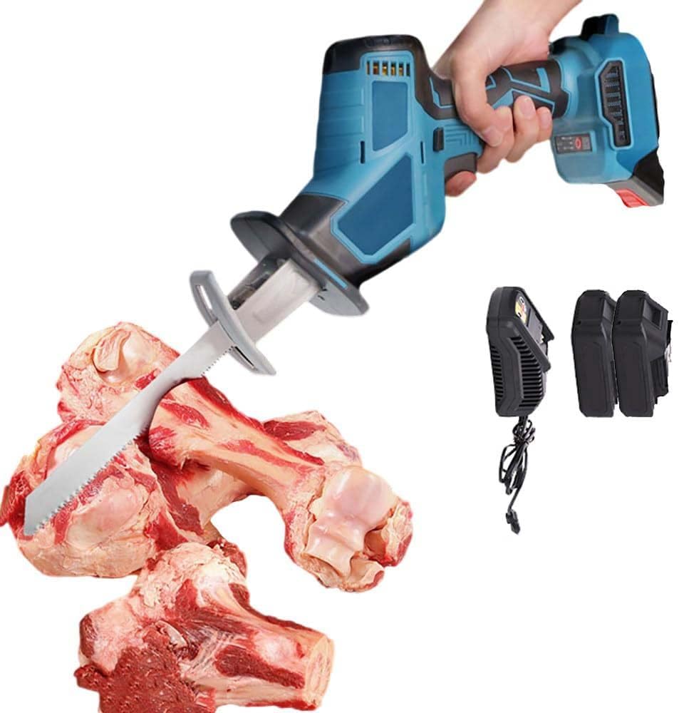 88V Electric Bone Saw, Cordless Reciprocating Meat Saws, with 1/2 Batteries + 4 Blades, 0-3000RPM, 15mm reciprocating stroke, for Wood/Metal/bone,2-Battery