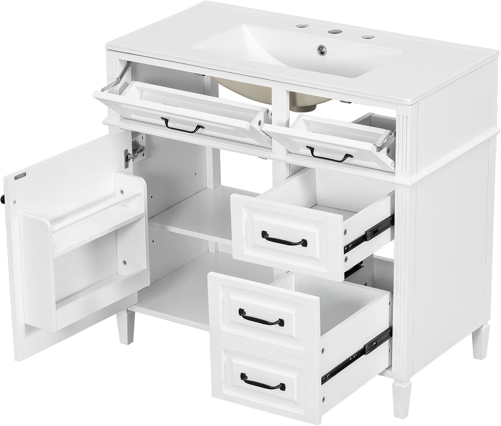 36' Bathroom Vanities with Sink Top, Bathroom Cabinet with Soft-Closing Door with Rack, 4 Drawers(with Tip-Out Drawers), Adjustable Shelf, Solid Wood Frame, White