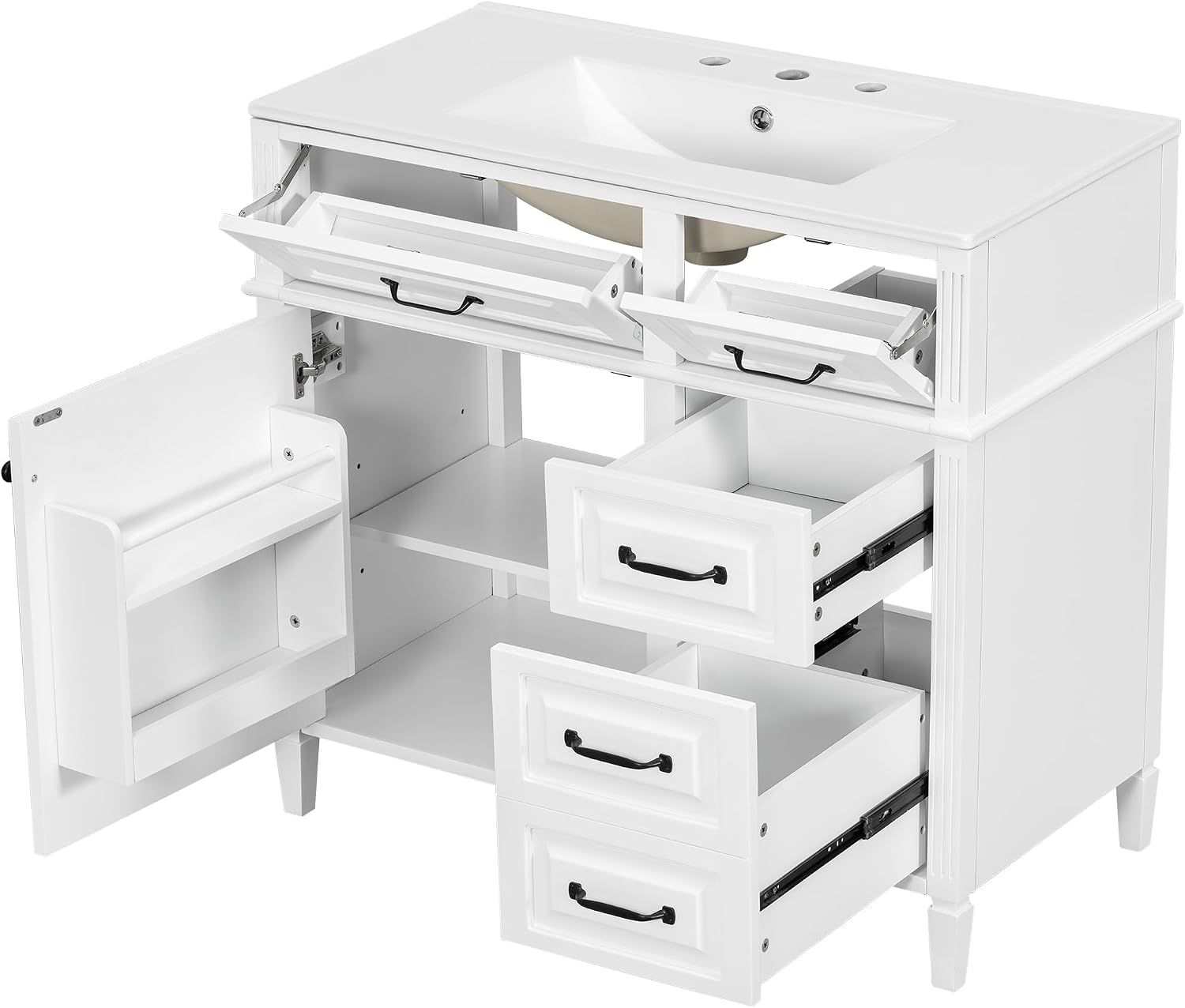 36' Bathroom Vanities with Sink Top, Bathroom Cabinet with Soft-Closing Door with Rack, 4 Drawers(with Tip-Out Drawers), Adjustable Shelf, Solid Wood Frame, White