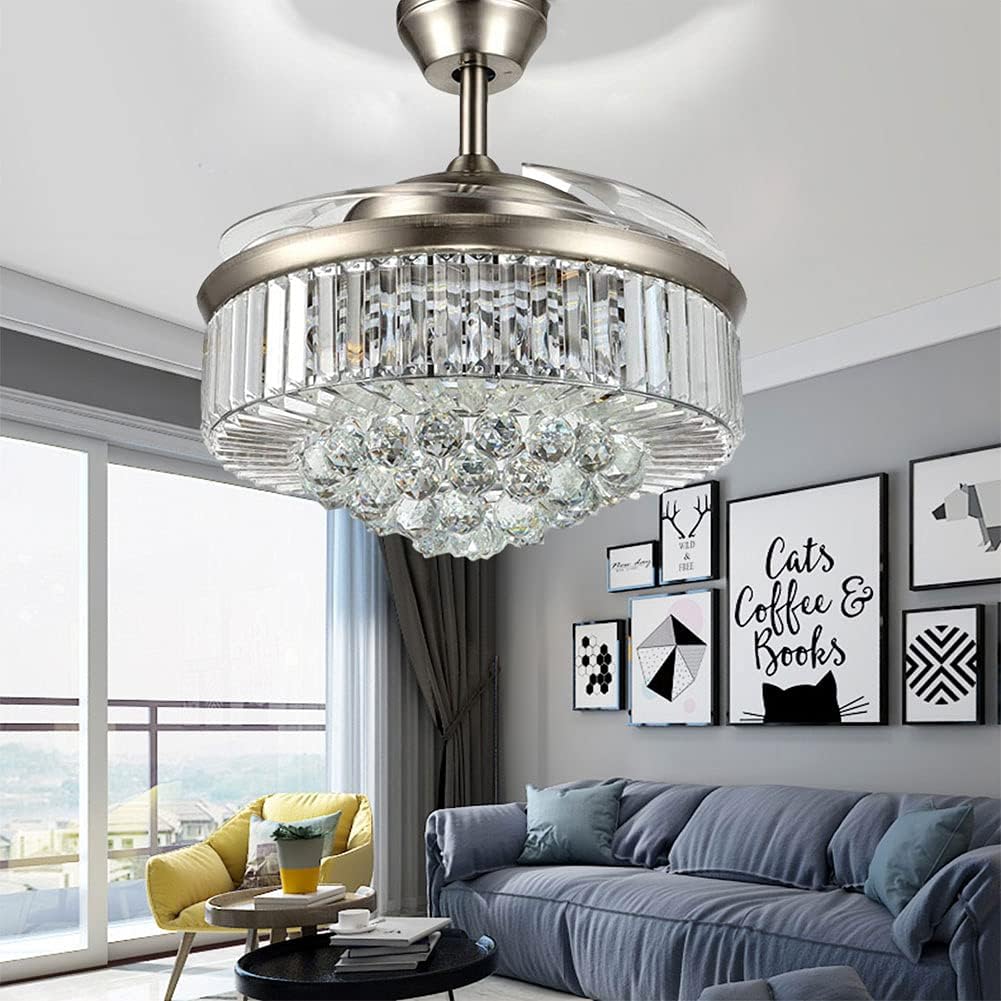 42' Crystal Fandelier Ceiling Fan with Lights,Modern Chandelier Ceiling Fan with Retractable Blades Indoor LED Lighting for Bedroom Living Room,Quiet Rustic Fan Brown