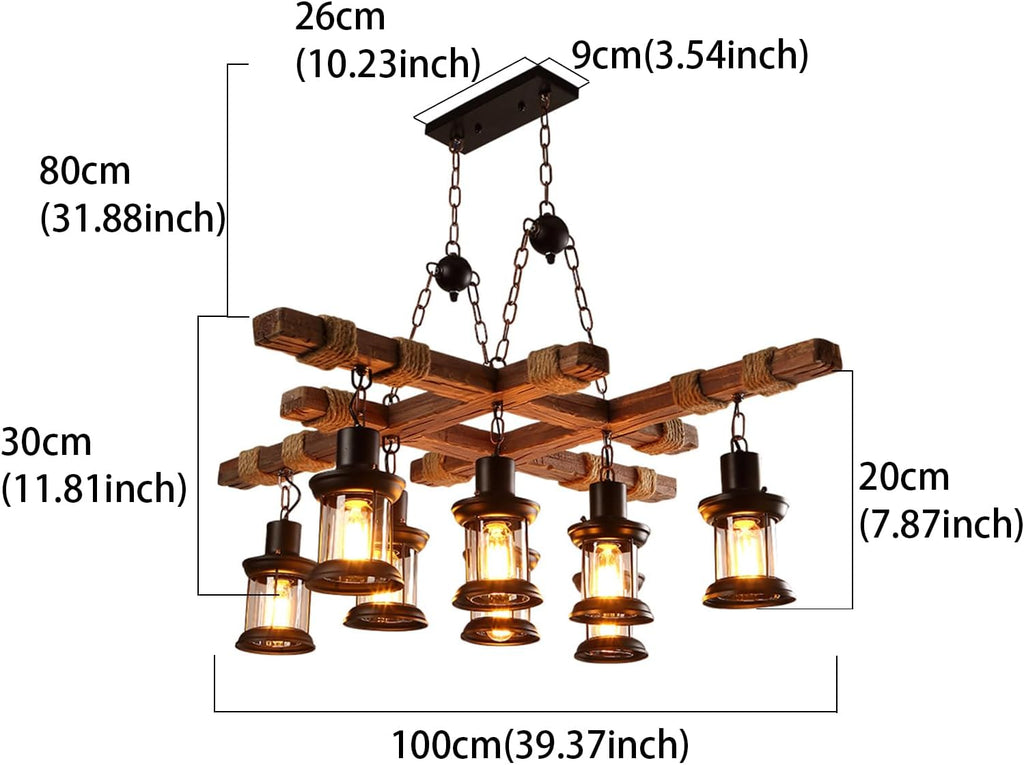 Wooden Hanging Lighting, 8 Lights Metal Chandelier, Industrial Kitchen Island Pendant Lamp, Farmhouse Vintage Pendant Lamp, Retro Ceiling Light, Glass Lampshade, Adjustable Chain (without bulb)