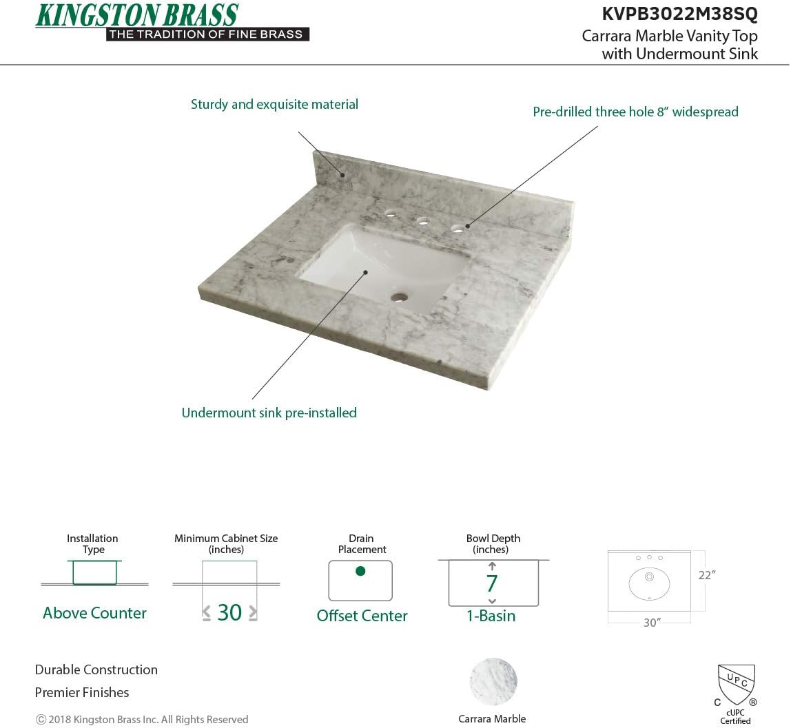Kingston Brass KVPB3022M38SQ Templeton 30-Inch Carrara Marble Vanity Sink Top (8' Faucet Drillings) in Carrara Marble