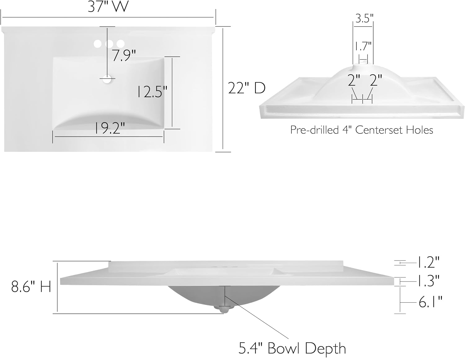 Design House 630236 Camilla Cultured Marble Vanity Top Single Bowl Sink 4-Inch Centerset with Integrated Backsplash, 37-Inch, Solid White