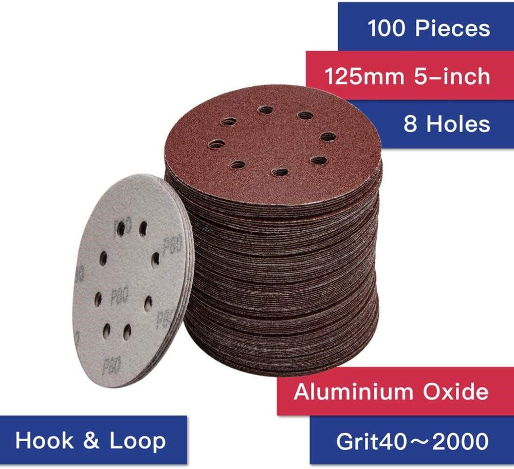 100 Pieces 125mm 5-inch 8 Holes Sandpaper Sanding Disc Sanding Paper Hook and Loop Grit 40~2000 Woodworking Abrasive Tools,120,Medium,125mm 8 Holes