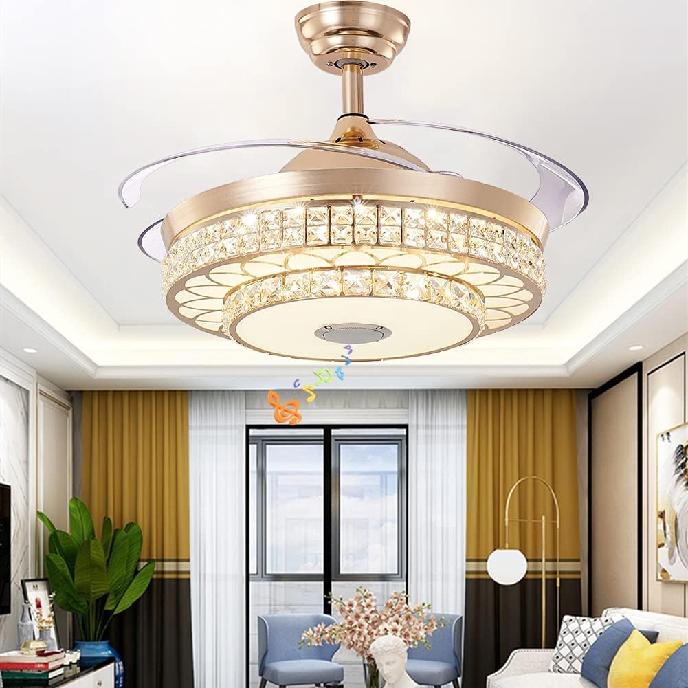Fandian 42' Modern Smart Crystal Ceiling Fans with Lights and Remote Control, Retractable Bluetooth Speaker Chandeliers, 3 Colors Lighting Fandelier Fixtures for Bedroom, Living Room