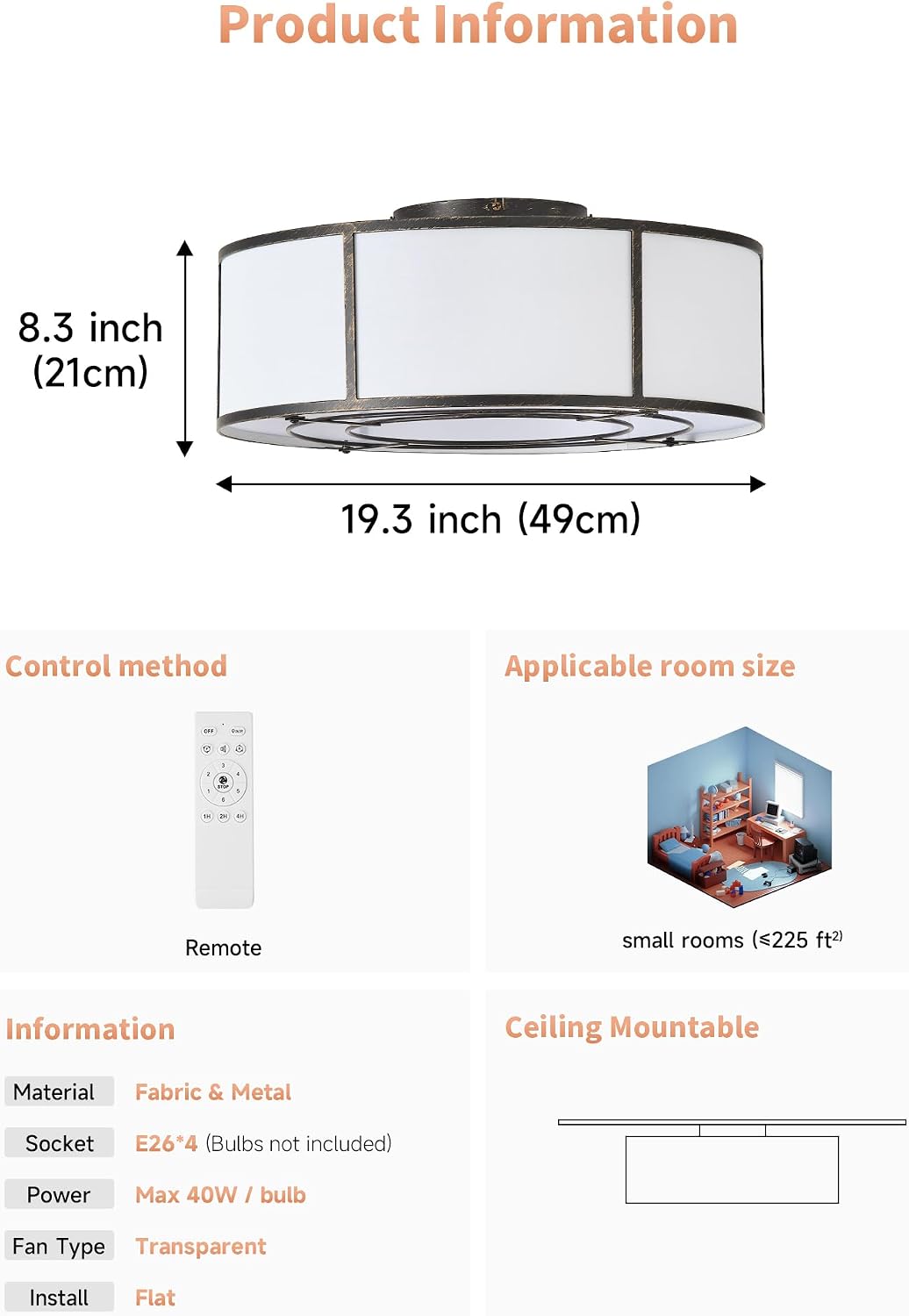 Low Profile Ceiling Fans with Lights, 20' Flush Mount Ceiling Fan with Light, Black and White Boho Bladeless with 6 Speeds Remote Control for Bedroom, Nursery, Living Room