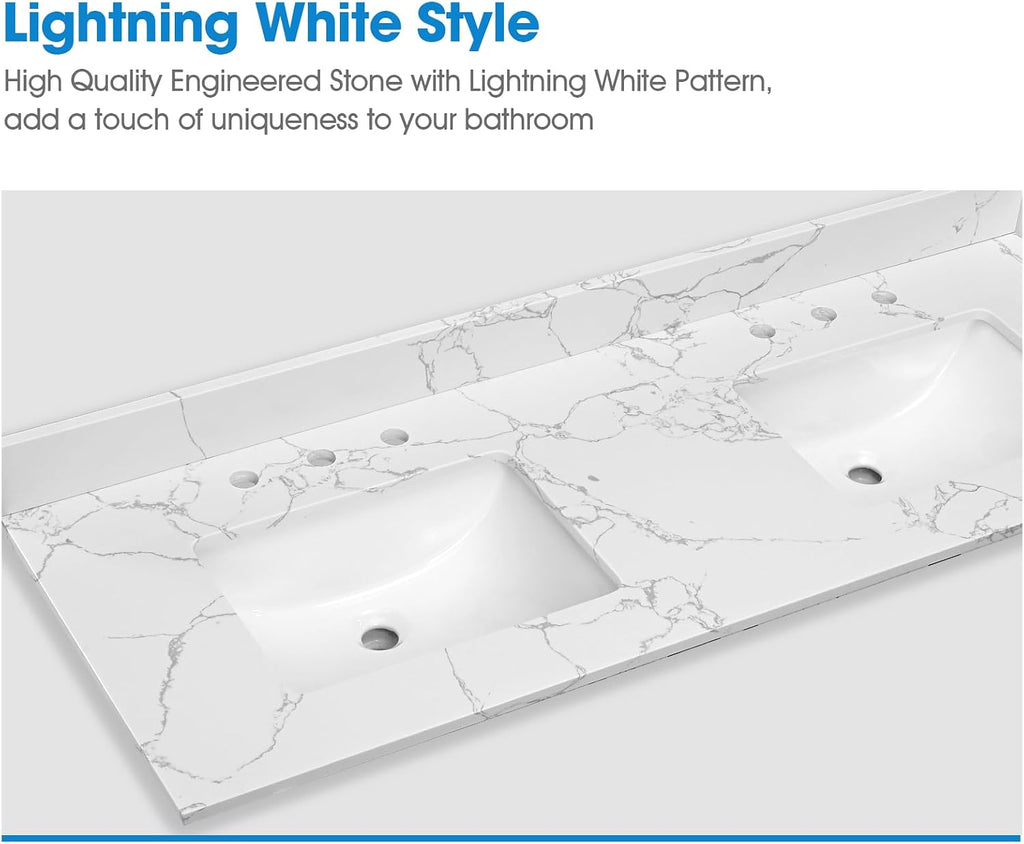 60 Inch Engineered Stone Bathroom Vanity Sink Top, with Undermount Rectangular Double Sinks, Vanity Countertop with 8 inch Faucet Hole Spacing and Backsplash in Lightning White