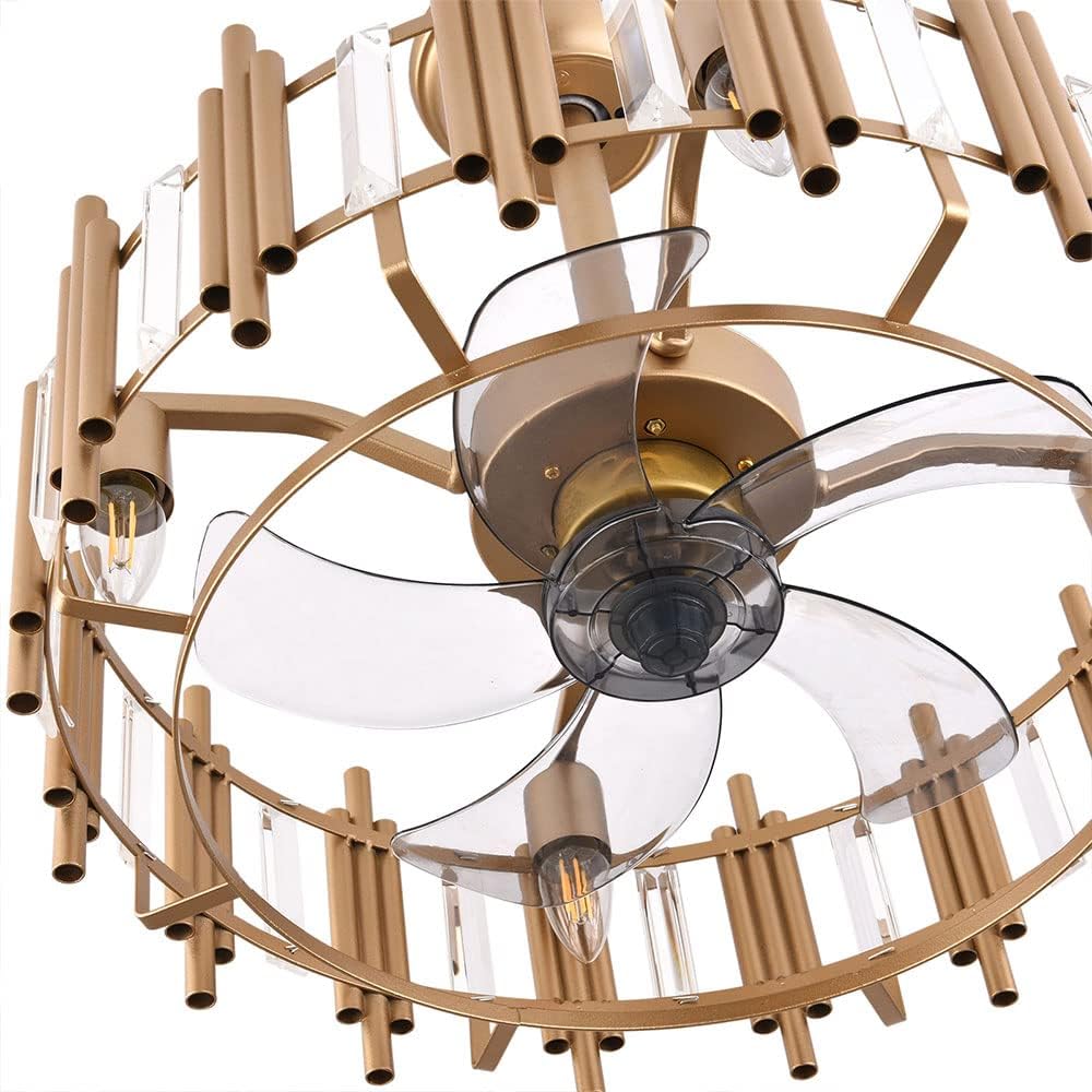 20' Champagne Gold Ceiling Fan with LED Light Remote control, 3-Speed Quiet Enclosed Fandelier Gold Caged Crystal Ceiling Fan Downrod Mount Industrial Metal Chandelier Fan 7 Invisible Blades