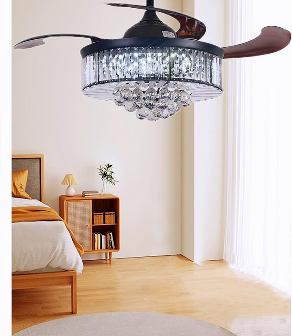 42' Modern Black Luxury Crystal Ceiling Fan with Light 3 Color 3 Speed Chandelier Fan with Remote Control Retractable Blades Fandelier for Living Room Bedroom