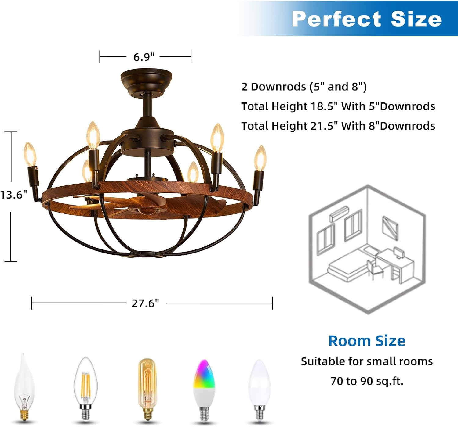 27.6' Farmhouse Ceiling Fan with Light and Remote Control, Vintage Cage Candle Chandelier Fans Rustic Enclosed Bladeless Fandelier for Kitchen Dining Room Living Room