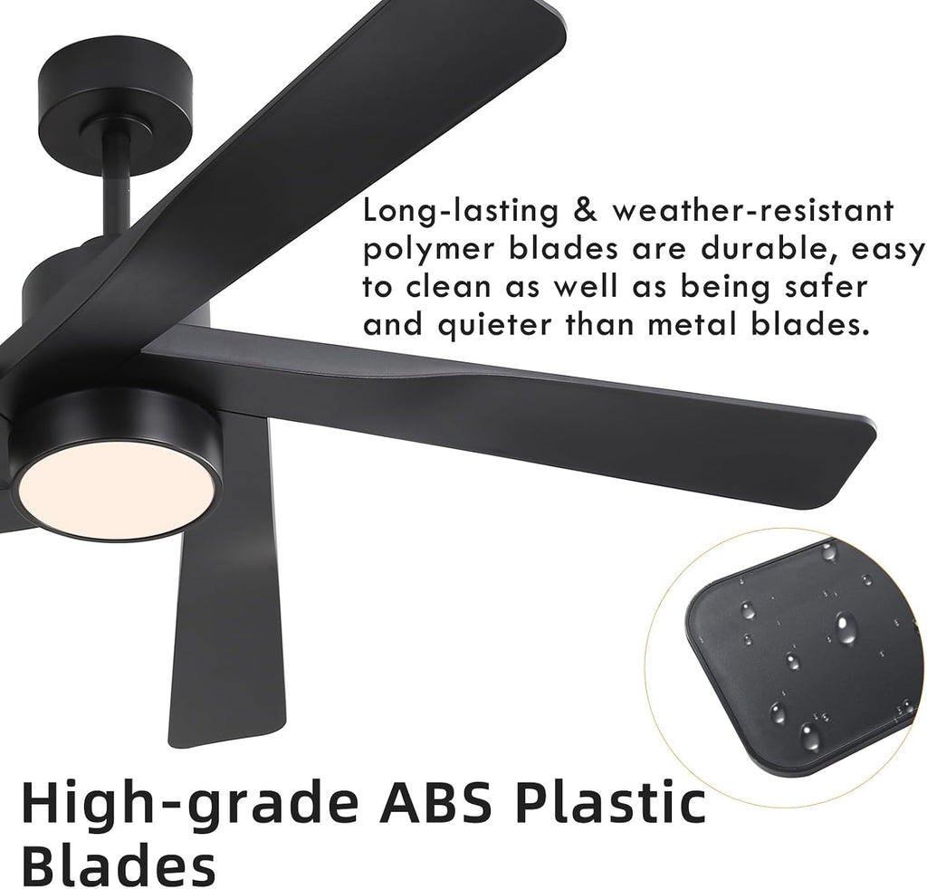 WINGBO 64' ABS DC Ceiling Fan with Lights, 5 Blade ABS Plastic Ceiling Fan with Remote, 6-Speed Reversible DC Motor, LED Ceiling Fans for Kitchen Bedroom Living Room, Matte Black