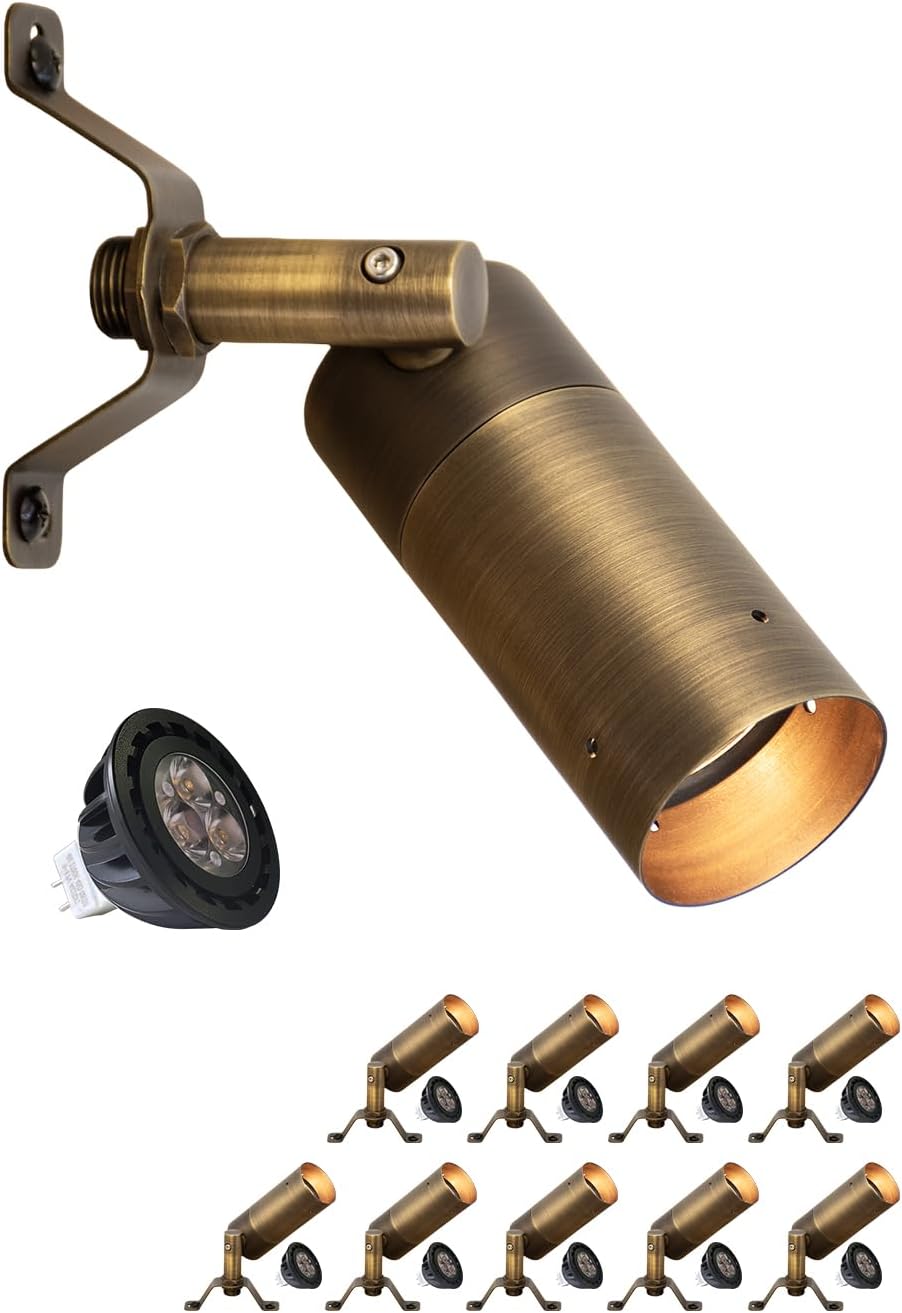 MALORY Brass Landscape Spot Down Light, Low Voltage Led Downlights Tree Light Outdoor Landscape Lighting for Yard, Garden, Lawn, Wall, Patio with 5W MR16 LED Bulb 2700K Warm White（10 Pack）