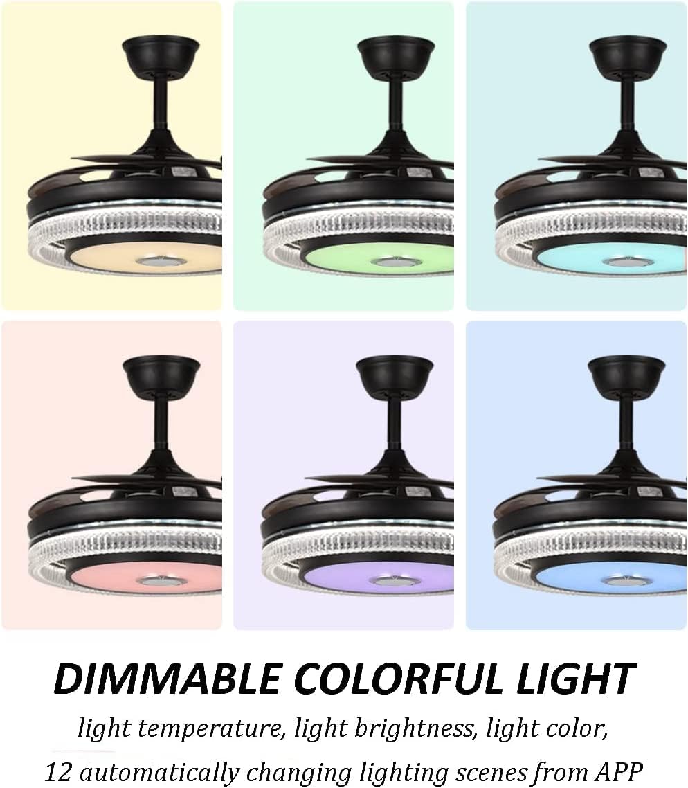FANPERO 42' Smart Ceiling Fan with Lights Remote Control, Black Crystal Fandelier with Bluetooth Speaker, 7 Color Dimmable Retractable LED Chandelier Fans with Reversible Silent Motor, 6 Speeds